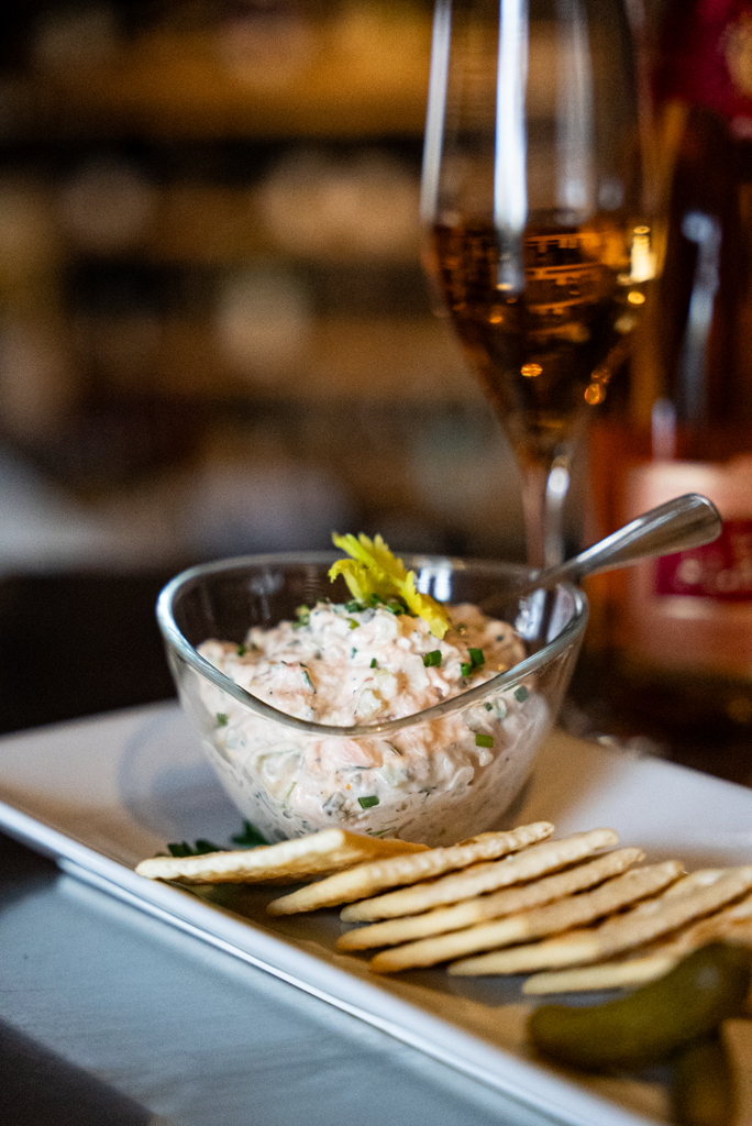 Whispering Vine Wine Co. on 4th Street's Smoked Trout Dip + Rosé for 2026 Reno Food & Drink Week. Photo by Fullsphere Digital.